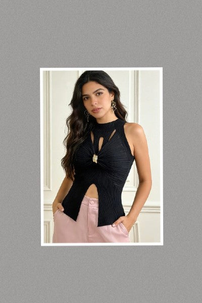 Black Ribbed Cutout Knit Top