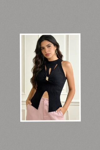 Black Ribbed Cutout Knit Top