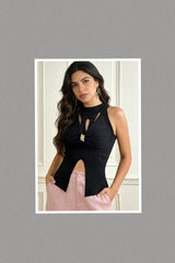 Black Ribbed Cutout Knit Top