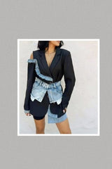 Sassy Denim Mix Open One Shoulder Blazer (Black)