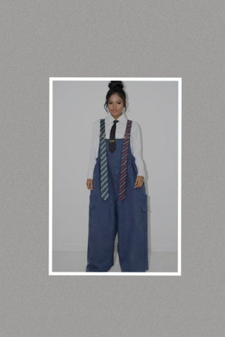 Oversized Stripe Tie Strap Detail Wide Leg Jumpsuit - FITS UP TO SIZE 3X (Blue Denim)