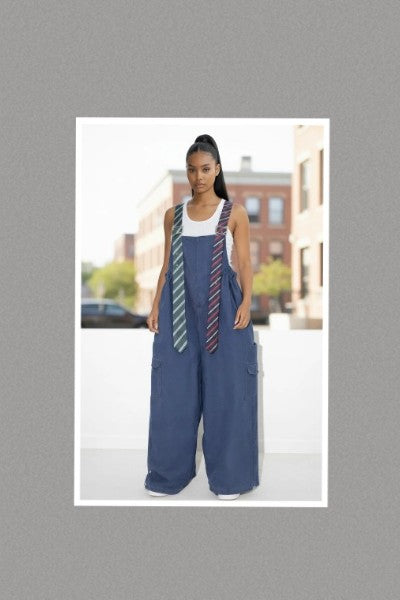 Oversized Stripe Tie Strap Detail Wide Leg Jumpsuit - FITS UP TO SIZE 3X (Blue Denim)