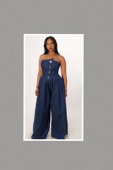 Monique Strapless Asymmetrical Gold Button Denim Jumpsuit with side Pockets