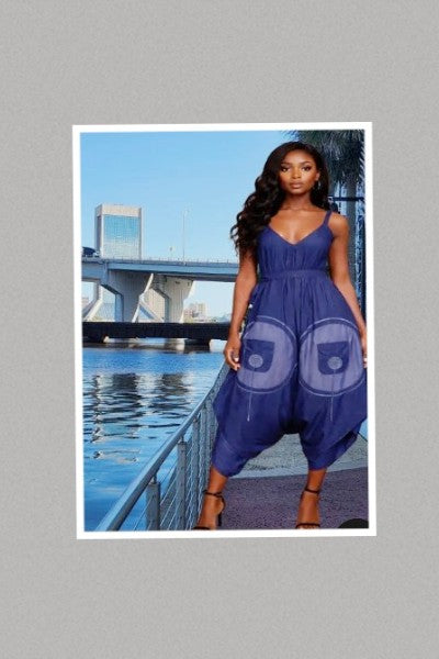 Indigo Blue Harem Jumpsuit with Adjustable Straps & Pocket - One Size Fits Up To 3X