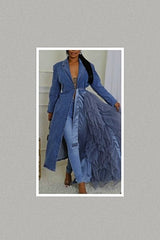 One Side Ruffle Denim Cascade Tuxedo Dress/Blazer (Denim)