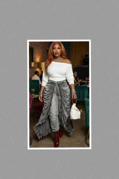 Distressed Ruched Draped Cape Jeans (Grey)