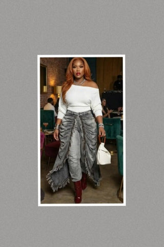 Distressed Ruched Draped Cape Jeans (Grey)