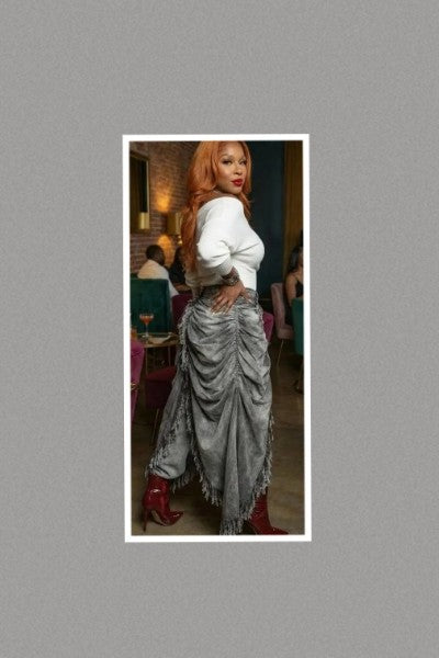 Distressed Ruched Draped Cape Jeans (Grey)