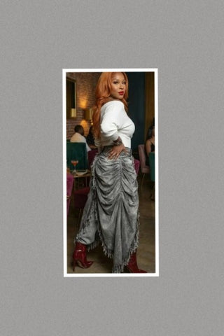 Distressed Ruched Draped Cape Jeans (Grey)