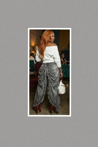 Distressed Ruched Draped Cape Jeans (Grey)