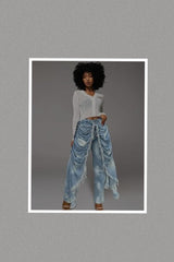 Distressed Ruched Draped Cape Jeans (EXTENDED SIZES)