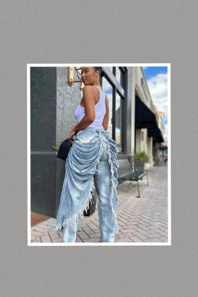 Distressed Ruched Draped Cape Jeans (Light Blue Wash Denim)