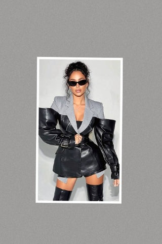 Contrast Mixed-Media Blazer with Oversized Faux Leather Buckle Sleeves