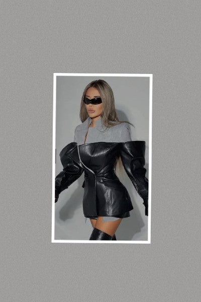 Contrast Mixed-Media Blazer with Oversized Faux Leather Buckle Sleeves