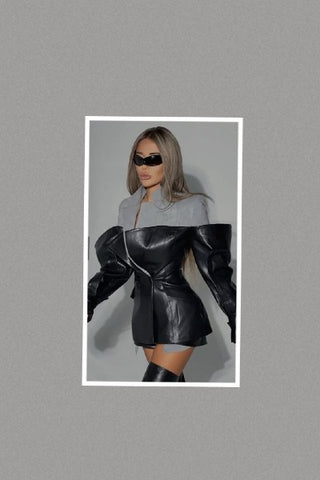 Contrast Mixed-Media Blazer with Oversized Faux Leather Buckle Sleeves