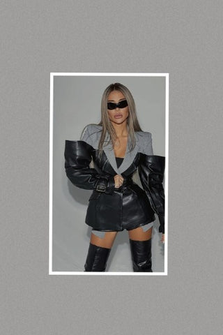 Contrast Mixed-Media Blazer with Oversized Faux Leather Buckle Sleeves