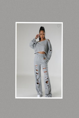 Casual Terry Pant Set Ripped Off Shoulder Long Sleeves Two Piece Pant Set with Pockets (Grey)