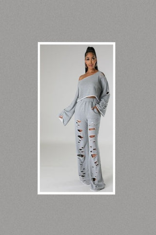 Casual Terry Pant Set Ripped Off Shoulder Long Sleeves Two Piece Pant Set with Pockets (Grey)