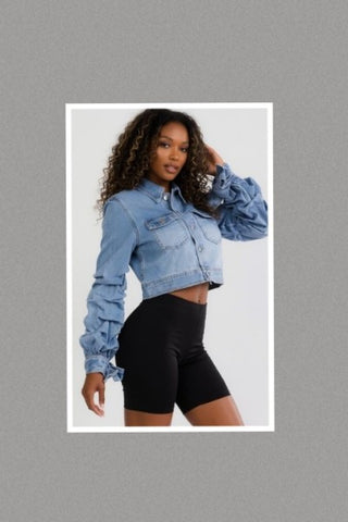Ruched Sleeve Button Up Pockets Denim Washed Jacket