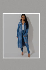 Long Denim Jacket with Distressed