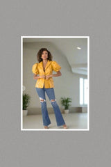 Chic Faux Leather Puff Sleeve Statement Jacket (Mustard) Extended Sizes
