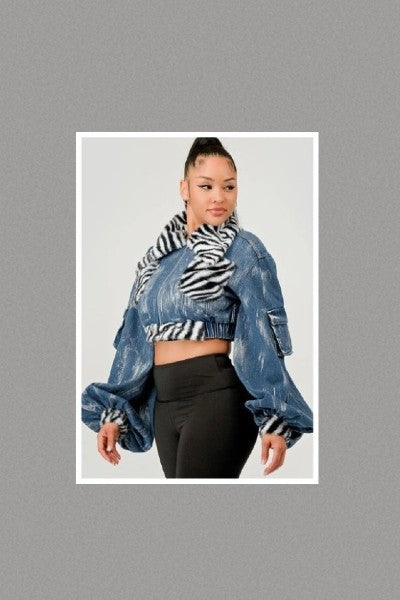 Denim Lux Zebra Print Faux Fur Jacket