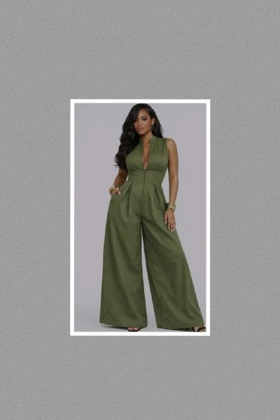 Zipper Front Sleeveless Wide Leg Jumpsuit (Olive)