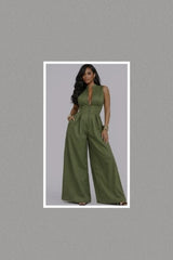 Zipper Front Sleeveless Wide Leg Jumpsuit (Olive)