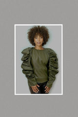 Leather Ruched Puff Sleeve Top (Olive) Extended Sizes