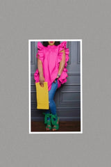 Hot Pink Round Neck Ruffle Loose Top Shirt Blouse