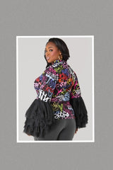 Plus Size Graffiti Print Tiered Tulle Top