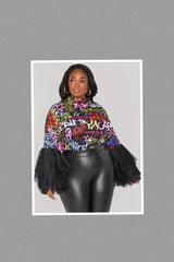 Plus Size Graffiti Print Tiered Tulle Top