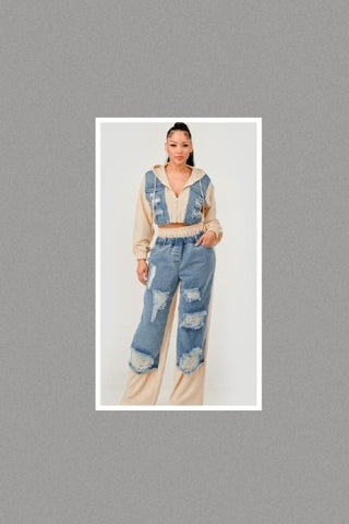 Plus Size Denim Patchwork Hoodie & Wide-leg Pant Set