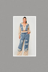 Plus Size Denim Patchwork Hoodie & Wide-leg Pant Set