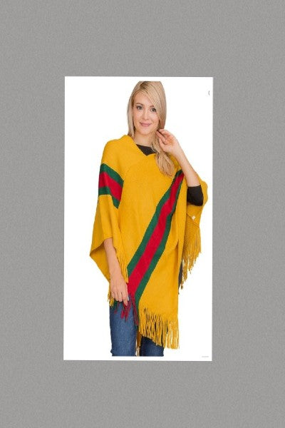 Stripe Color Knit Fringed Throw Over V-Neck Poncho (Mustard)