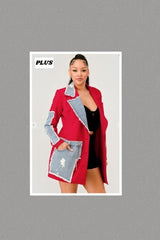 Plus Size Red Denim Mix Blazer
