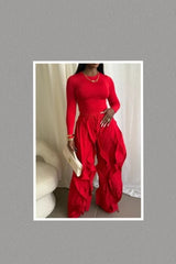 Oversized Wide Leg Ruffle Jogger Pants (Red)