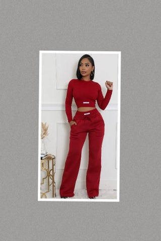 Ribbed Hand Made Top and Wide Leg Sweatpants Set (Burgundy)