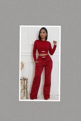 Ribbed Hand Made Top and Wide Leg Sweatpants Set (Burgundy)
