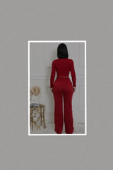 Ribbed Hand Made Top and Wide Leg Sweatpants Set (Burgundy)