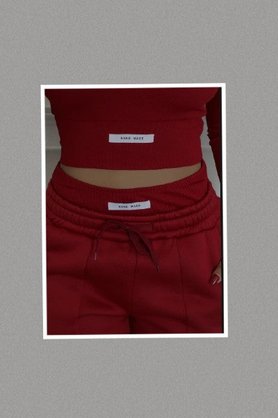 Ribbed Hand Made Top and Wide Leg Sweatpants Set (Burgundy)