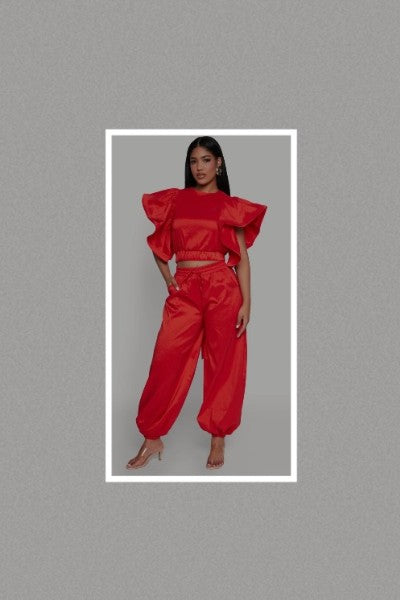 Plus Size High Waist Balloon Pants & Top Set (Red)