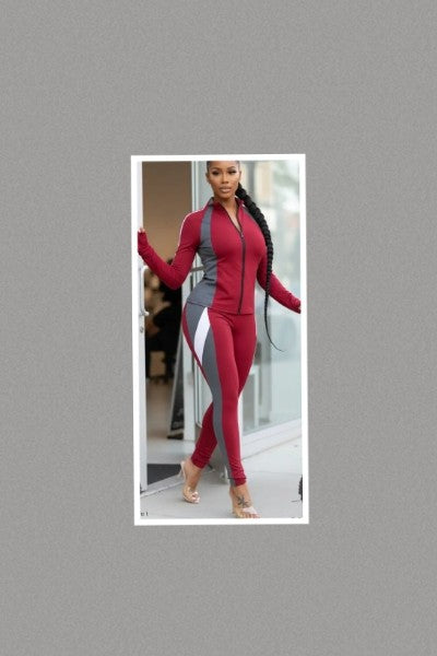 Color Block Redline Zip Tracksuit (Burgundy-Grey)