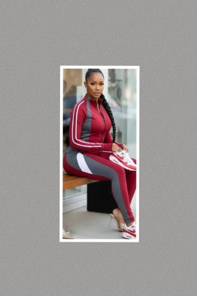 Color Block Redline Zip Tracksuit (Burgundy-Grey)