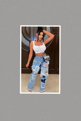 Denim Destressed Patchwork Pants