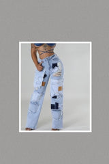 Denim Destressed Patchwork Pants