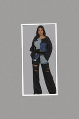 Denim Patches Distress Pants Set (Black)