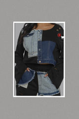 Denim Patches Distress Pants Set (Black)