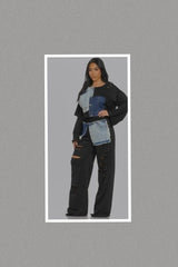 Denim Patches Distress Pants Set (Black)