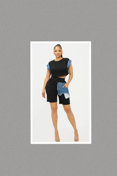 Color Block Denim Sleeve Top And Biker Shorts Set (Black)